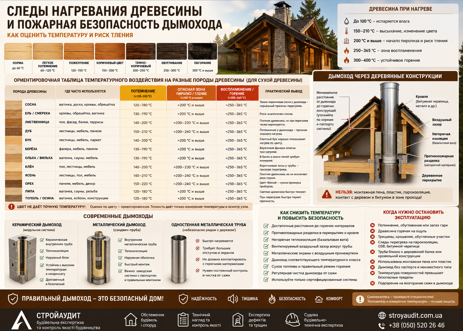 Сліди нагрівання деревини біля димоходу: як оцінити температуру, ризик тління і пожежну безпеку